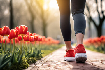 Back view of woman with sport shoes jogging in park with red tulip spring flowers - obrazy, fototapety, plakaty