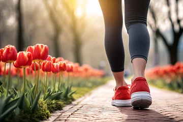 Zelfklevend Fotobehang Back view of woman with sport shoes jogging in park with red tulip spring flowers © Firn
