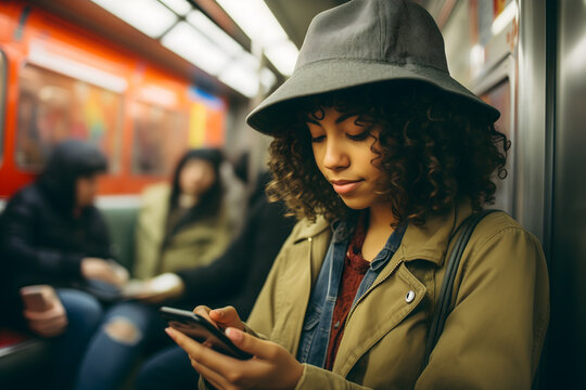 Jornada Ma&ntilde;anera: Mujer Absorta en Trabajo y Conexiones en su Smartphone Durante el Viaje