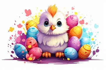 cute easter chick and colorful eggs holiday design illustration - obrazy, fototapety, plakaty