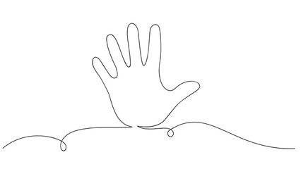Contour of the palm of the hand without a break, one-line drawing. welcome sign, hand waving hello. vector