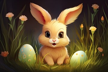 cute easter bunny and colorful eggs holiday design illustration
