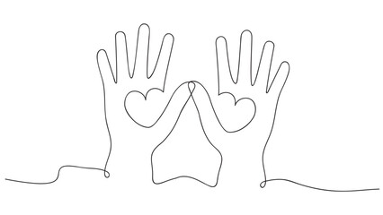 Continuous one line drawing. Abstract hands holding hearts. Vector illustration