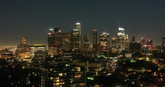 Night aerial view of downtown Los Angeles. Skyline, Financial District of Los Angeles, California. Los Angeles downtown buildings at night. Aerial view of the night city of Los Angeles, USA.