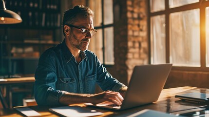Fototapeta premium Businessman using laptop computer in office. Happy middle aged man, entrepreneur, small business owner working online.