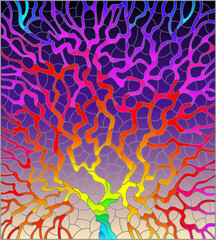 An illustration in the style of a stained glass window with an abstract bright tree on the background of the night sky