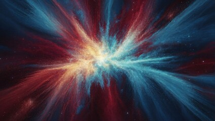 Explosion of blue and maroon particles, with a radiant central point, creating a powerful visual impact against a dark, cosmic-like backdrop.