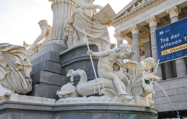 The Austrian Parliament Building and the Pallas Athena Fountain in Vienna, Austria