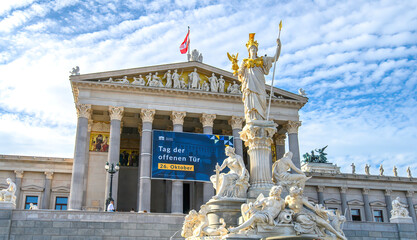 The Austrian Parliament Building and the Pallas Athena Fountain in Vienna, Austria
