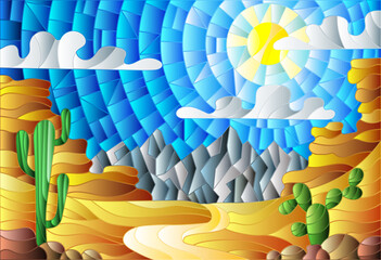 Obraz premium The illustration in stained glass style painting with desert landscape, cactus in a lbackground of dunes, sky and sun