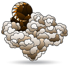 An illustration in the style of a stained glass window with a cloud and moon isolated on a white background, tone brown