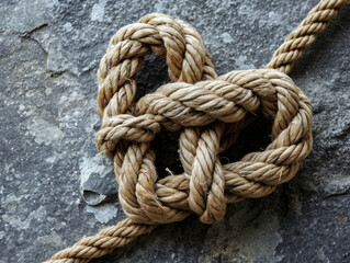Fototapeta na wymiar Close-up of a heart-shaped knot in a sturdy rope against a blurred background.