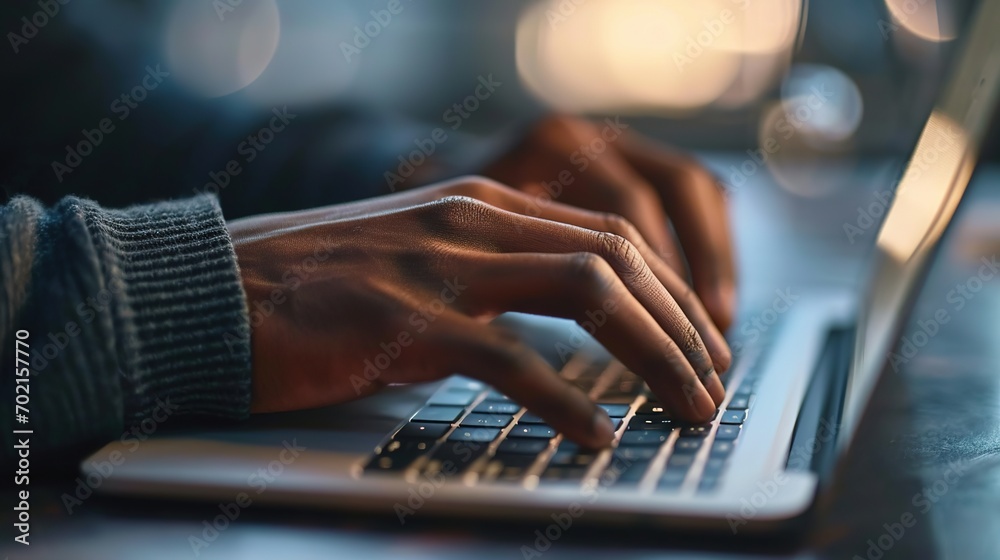 Wall mural close up of male hands while typing on laptop computer in modern office