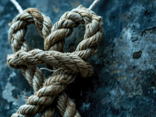 Fototapeta na wymiar Close-up of a heart-shaped knot in a sturdy rope against a blurred background.