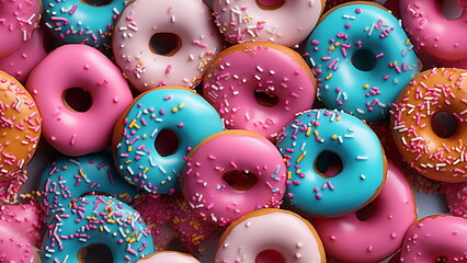 Colorful of yummy donuts background top view with Generative AI