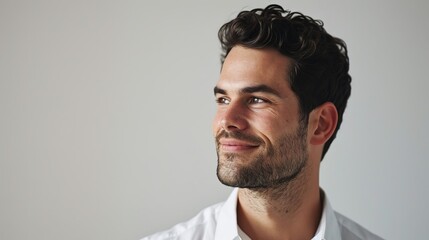 Fototapeta premium Close-up of confident businessman in white shirt, looking left and smiling satisfied