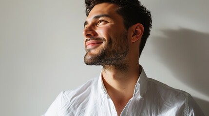 Obraz premium Close-up of confident businessman in white shirt, looking left and smiling satisfied, standing over white background