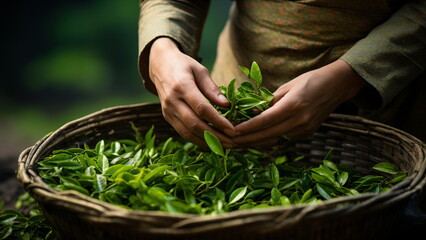 Close up photo of woman hands holding fresh tea leaves with generative AI - obrazy, fototapety, plakaty