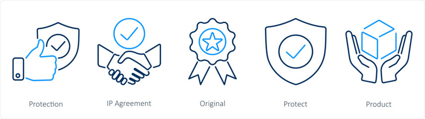 A set of 5 Intellectual Property icons as protection, ip agreement, original - obrazy, fototapety, plakaty
