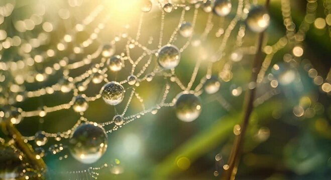 Dewdrops on a spiderweb in the morning light.