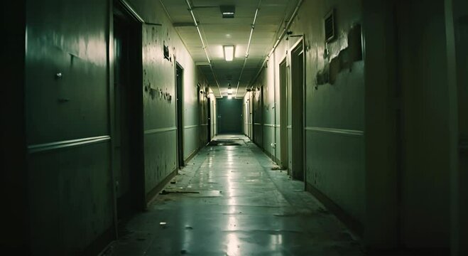Abandoned corridor with closed doors and dim lighting.