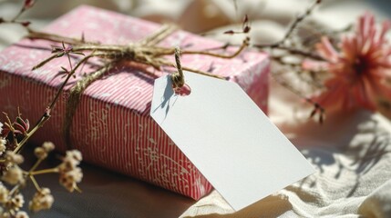 A pink gift box tied with natural twine and an empty tag, accompanied by dried flowers on a fabric surface.