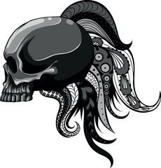 monochromatic illustration of Skull with mandala on background
