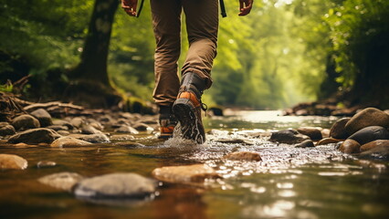 Close up photo A hiker walking crossing the small river low angle shot with Generative AI