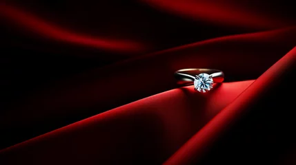 Fotobehang Bellissimo ed elegante anello di fidanzamento con diamante su un tessuto di raso rosso © Wabisabi