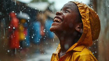 A joyful child dances in the rain, with raindrops visible in the air and a muddy puddle at her feet