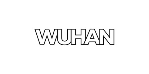 Wuhan in the China emblem. The design features a geometric style, vector illustration with bold typography in a modern font. The graphic slogan lettering.