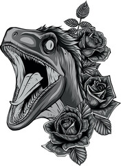 monochromatic illustration of velociraptor head with roses flower
