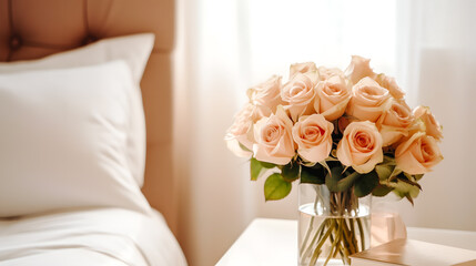 Bouquet de roses sur la table de nuit dans une chambre