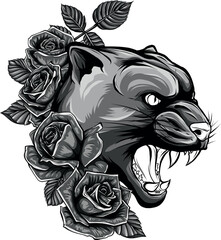 monochromatic illustration of puma head with roses