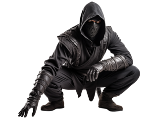 Silent Predator Crouching Ninja Assassin Clad in Black, Poised for Stealth Action isolated on transparent background