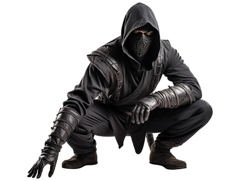 Silent Predator Crouching Ninja Assassin Clad in Black, Poised for Stealth Action isolated on transparent background - Powered by Adobe