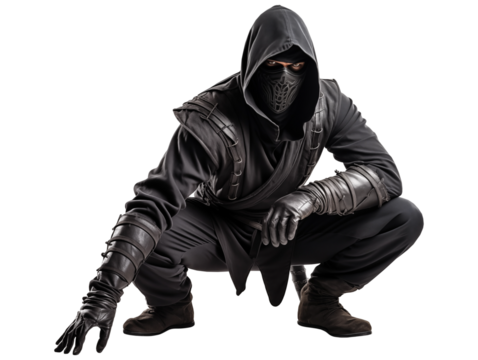 Silent Predator Crouching Ninja Assassin Clad in Black, Poised for Stealth Action isolated on transparent background