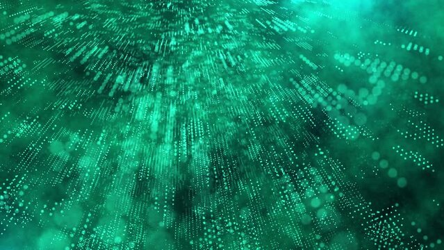 Futuristic blue trapcode form. 4k Abstract green motion background. data transfer particle effect. a sea of glowing neon particles pulse across the screen. Data cloud effect.