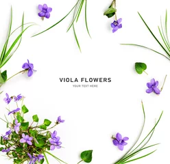 Poster Spring violet viola pansy flowers frame border isolated on white background. © ifiStudio