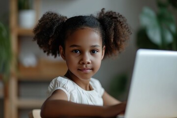 African American girl sitting at the table, using the laptop for online lesson