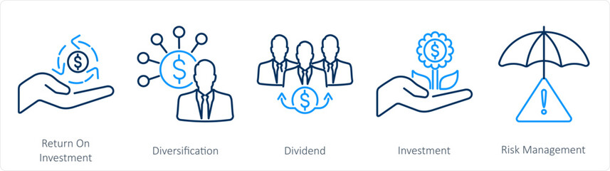 A set of 5 Investment icons as return on investment, diversification, dividend