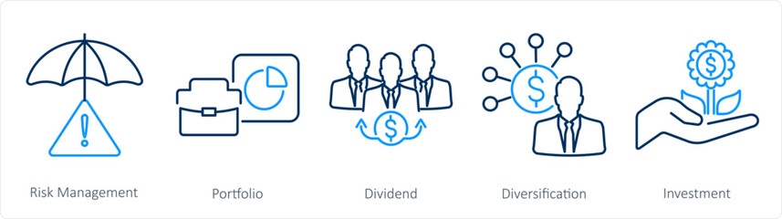 A set of 5 Investment icons as risk management, portfolio, dividend