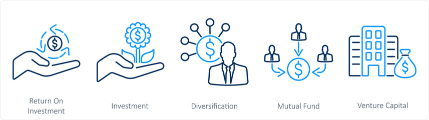 A set of 5 Investment icons as investment, diversification, mutual fund