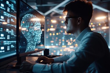 Business man using AI technology for data analysis, coding computer language with digital brain, machine learning on virtual screen - obrazy, fototapety, plakaty