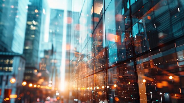 Double exposure of virtual creative financial diagram on contemporary business center exterior background, banking and accounting concept