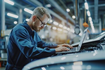 Car Factory Engineer in Work Uniform Using Laptop Computer with Spreadsheet Software. Working with Software at Automotive Industrial Manufacturing Facility Dedicated for Vehicle Production