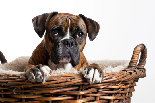 A cute boxer in his basket, white background, studio, animal and pet photography