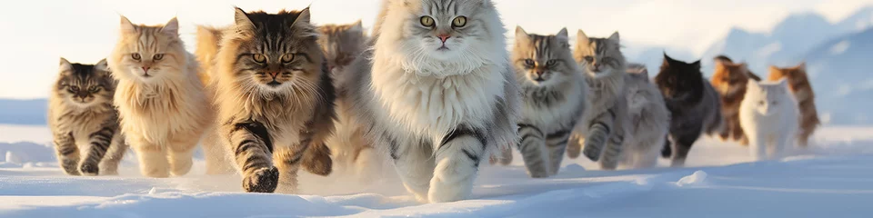 Fotobehang group of cats long narrow panoramic view in a dynamic pose running through fluffy snow, the onset of winter, December christmas nature © kichigin19