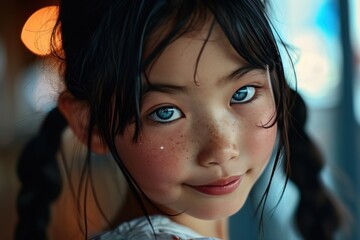 young mixed korean and Brazilian woman, indoors, cute, pigtails, indoors, wink, black hair, blue eyes, portrait close up