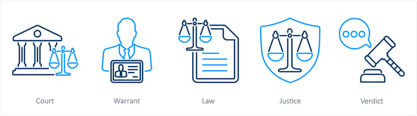 A set of 5 Justice icons as court, warrant, law
